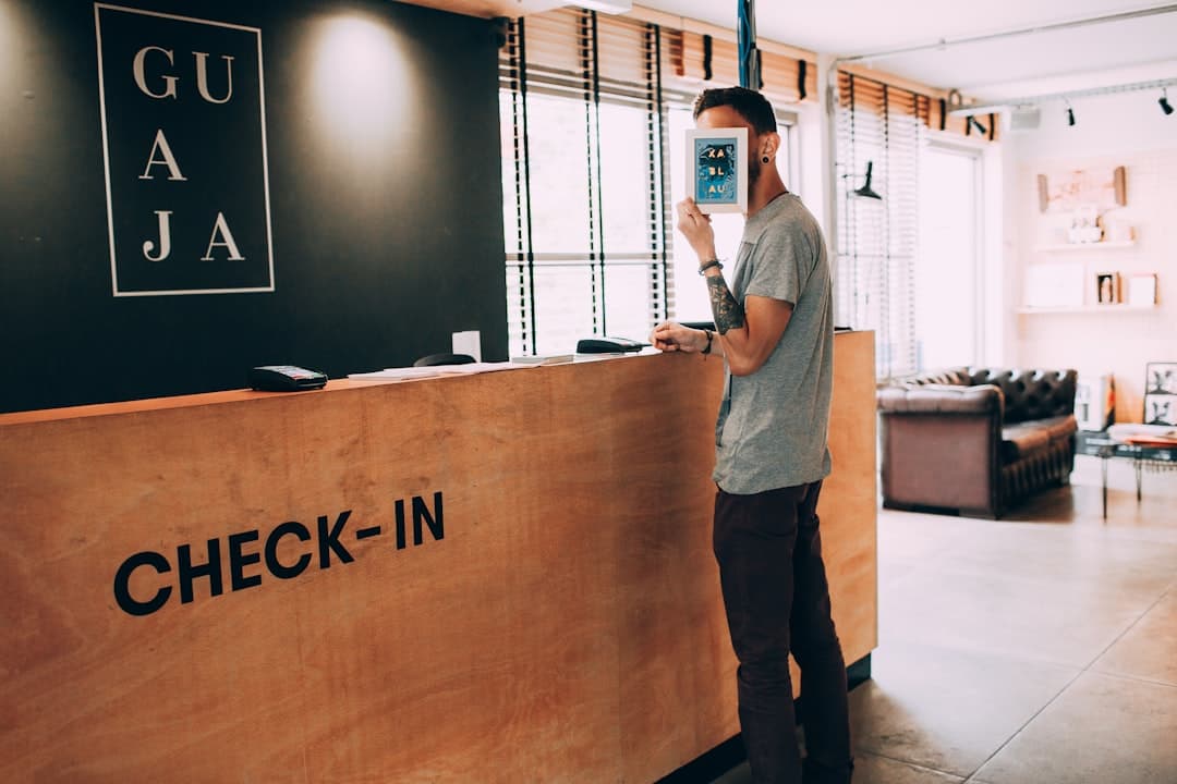 A modern law firm reception with digital check-in for AI-generated client consultations