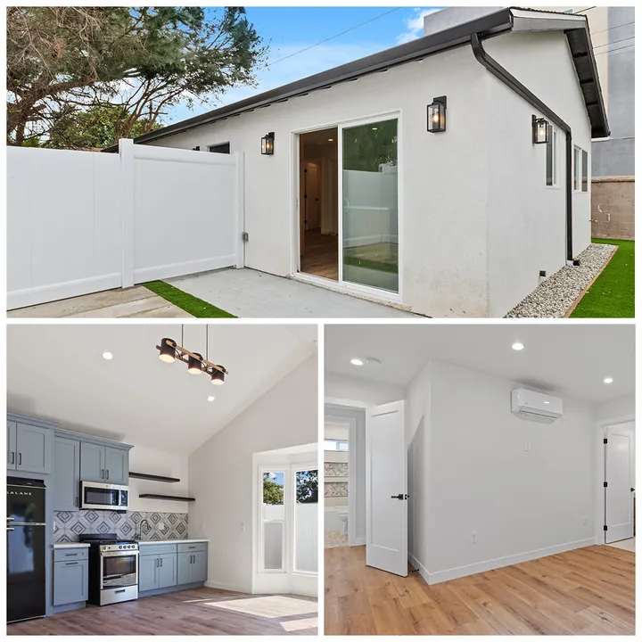 The LA Family Builders Meta ad that ran: a finished backyard ADU in Los Angeles, outside on top and the kitchen and living room below