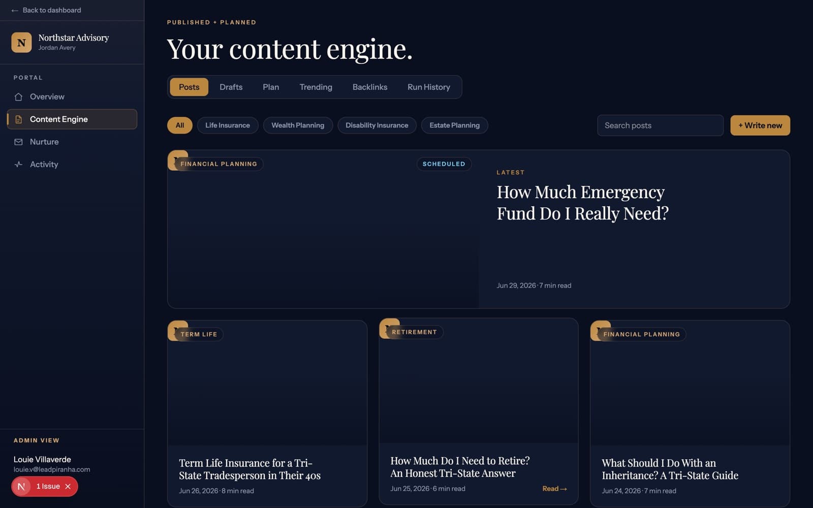 The content engine inside a client Portal, showing scheduled posts, drafts, and category planning