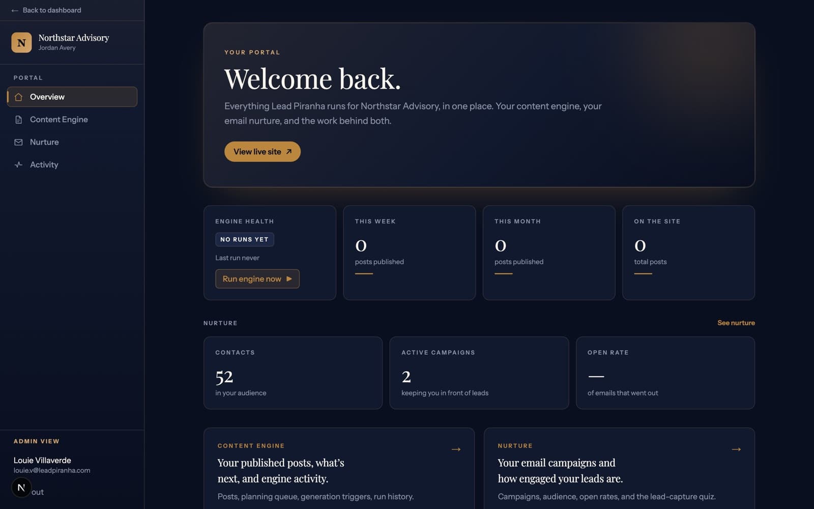A branded Lead Piranha client Portal showing engine health, nurture stats, and content engine cards in one command center