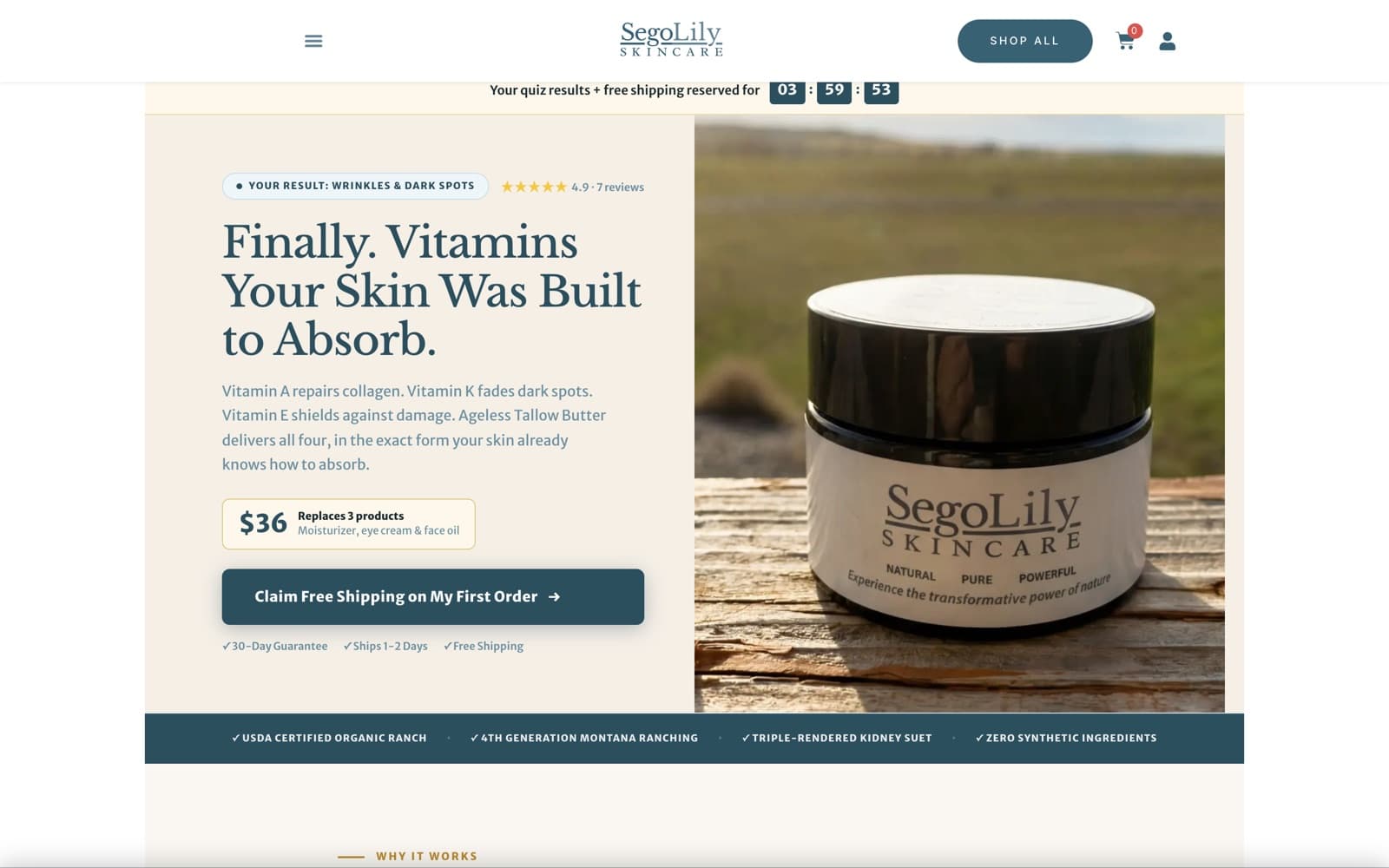 Sego Lily skincare quiz funnel showing a personalized result and offer