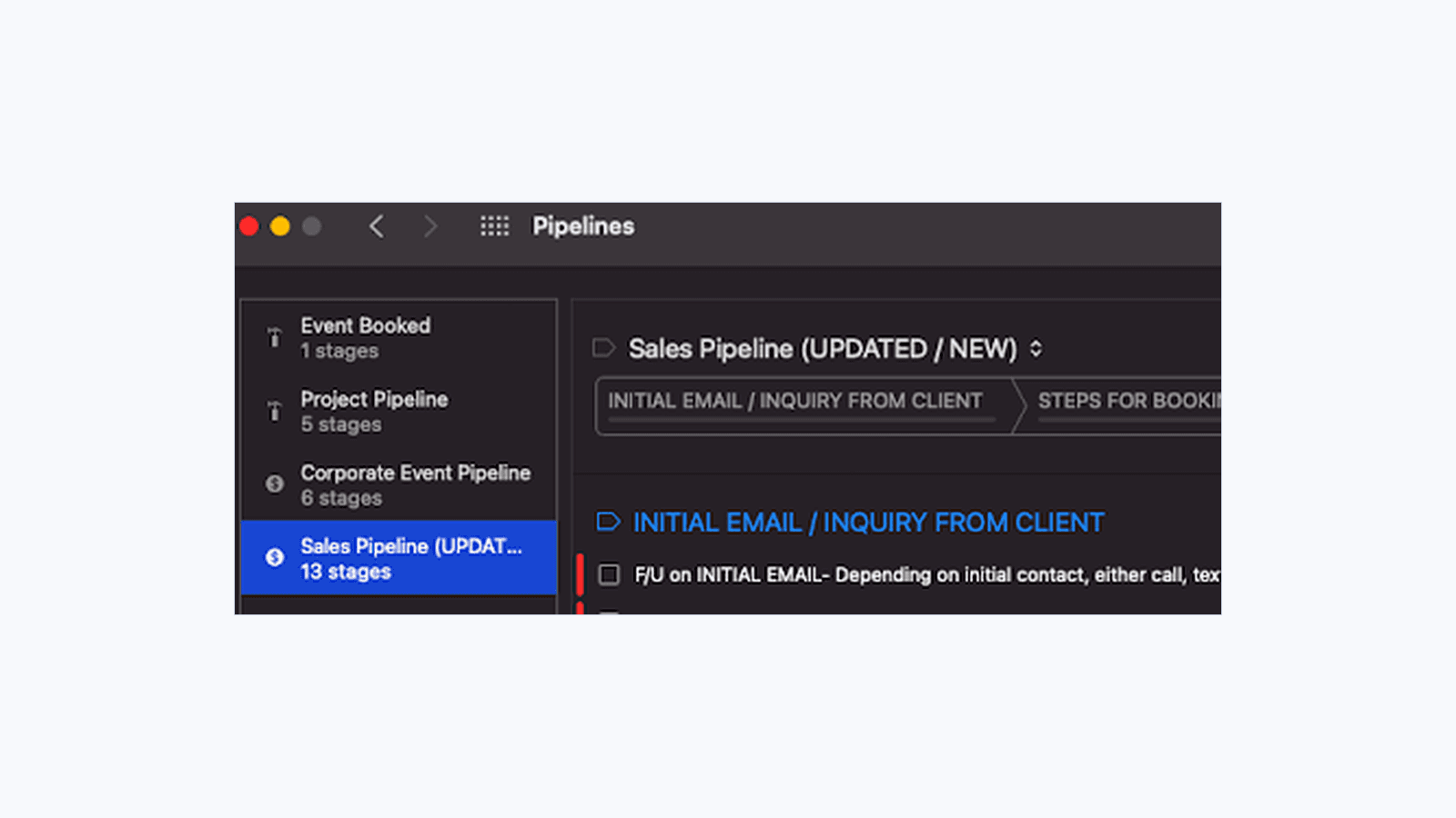 the Daylite sales pipeline showing the 13-stage booking checklist from inquiry to follow-up