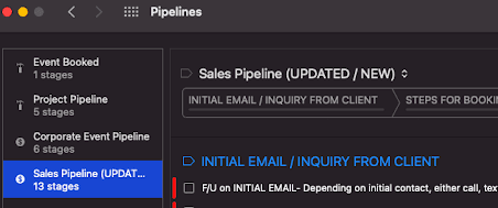 the Daylite sales pipeline showing the 13-stage booking checklist from inquiry to follow-up