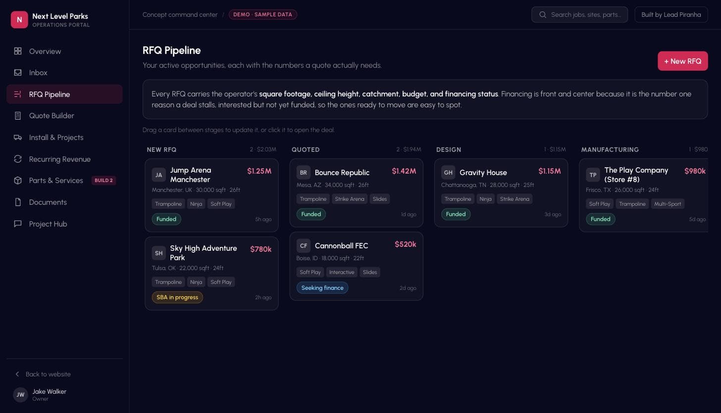 A quote follow up board, four quotes open across stages and the oldest one five days out with nobody chasing it