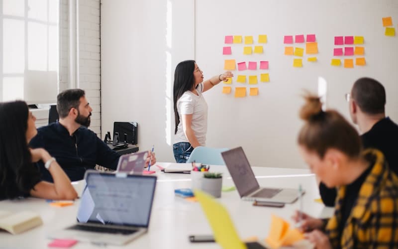 Strategy session with lead generation system blueprint on screen
