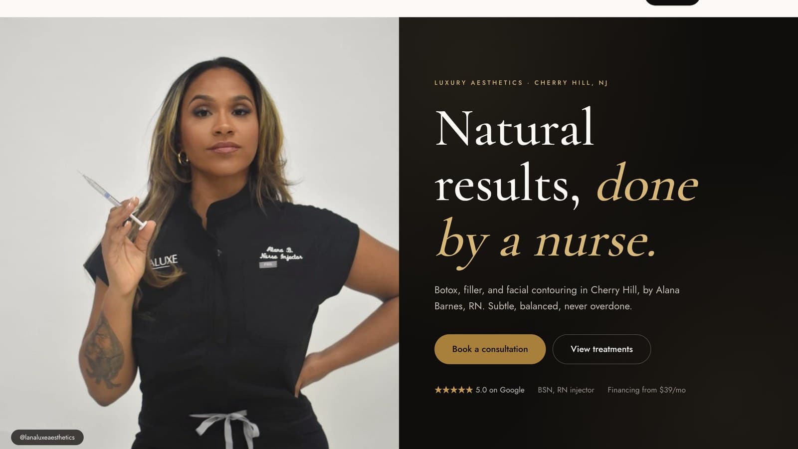 A med spa website hero with a nurse injector and a five-star rating, the build doing the selling