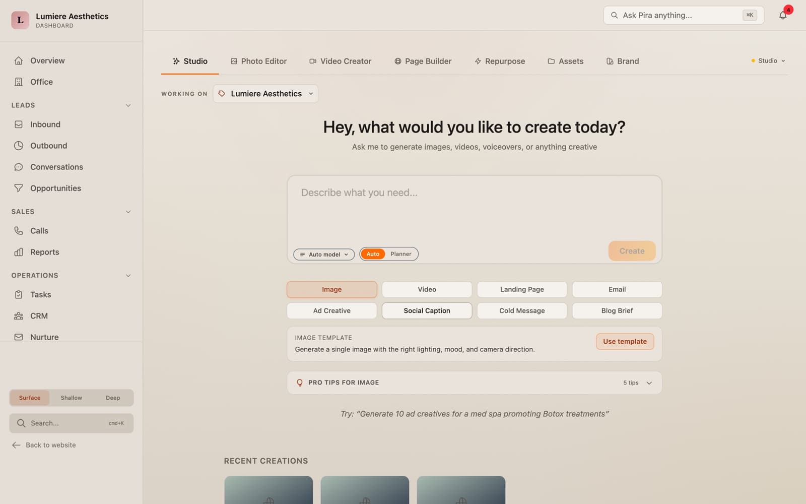 A content studio inside a client OS for generating images, video, landing pages, and copy