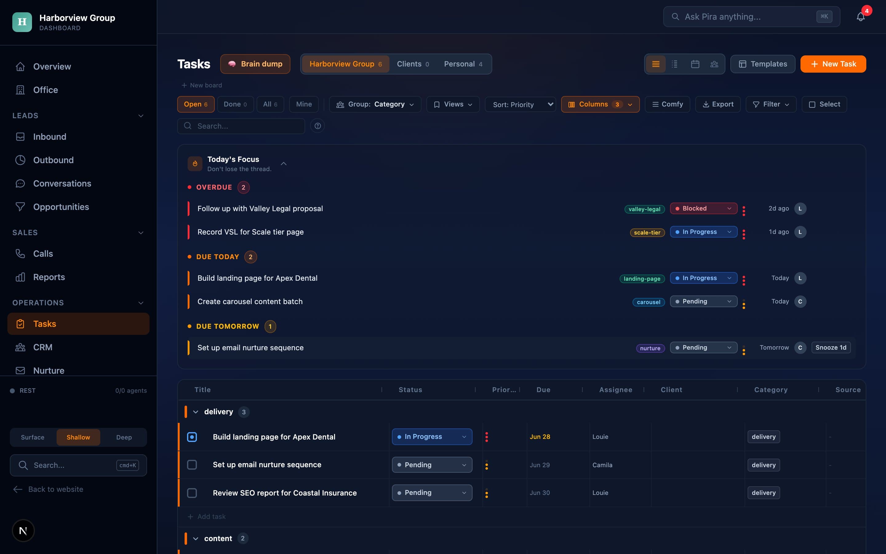 A task and project board inside a client Portal with owners, due dates, and status