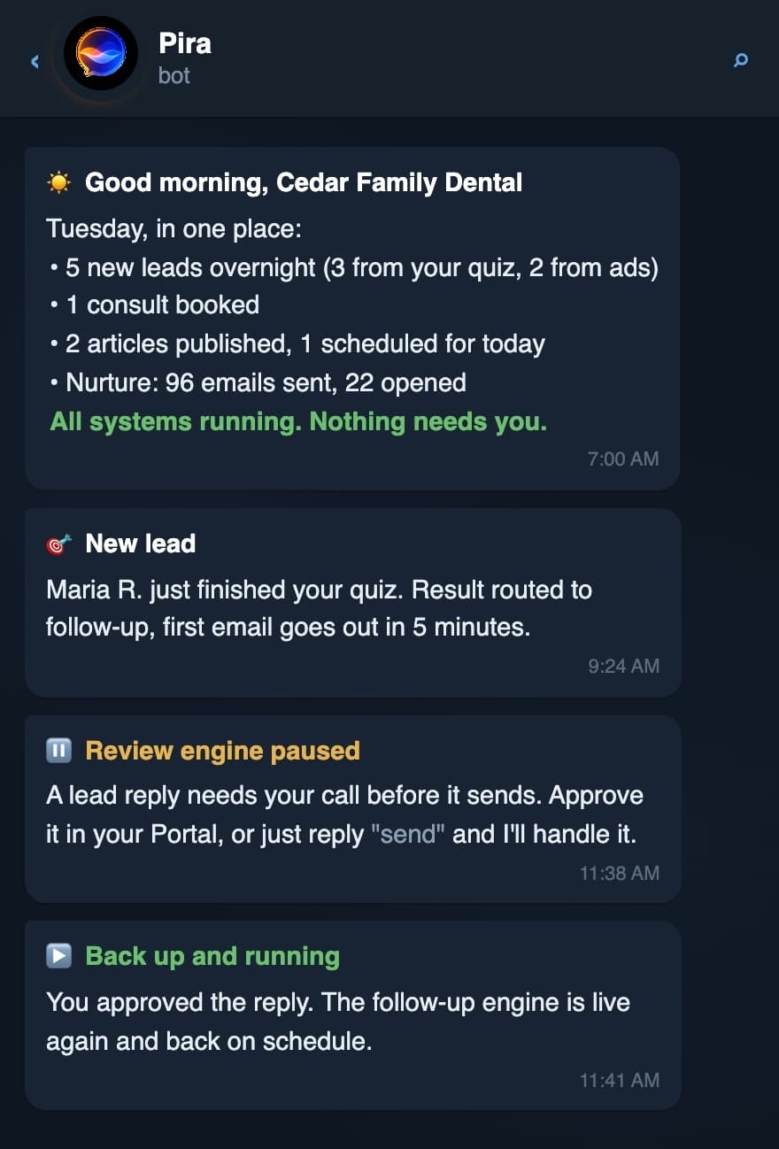 Pira sending a morning brief, a new-lead alert, and a system pause and resume to your phone