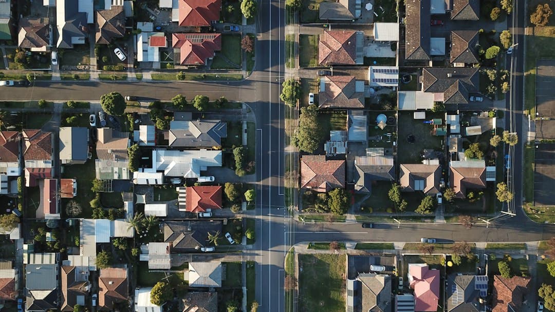 Aerial photo of suburban roofs