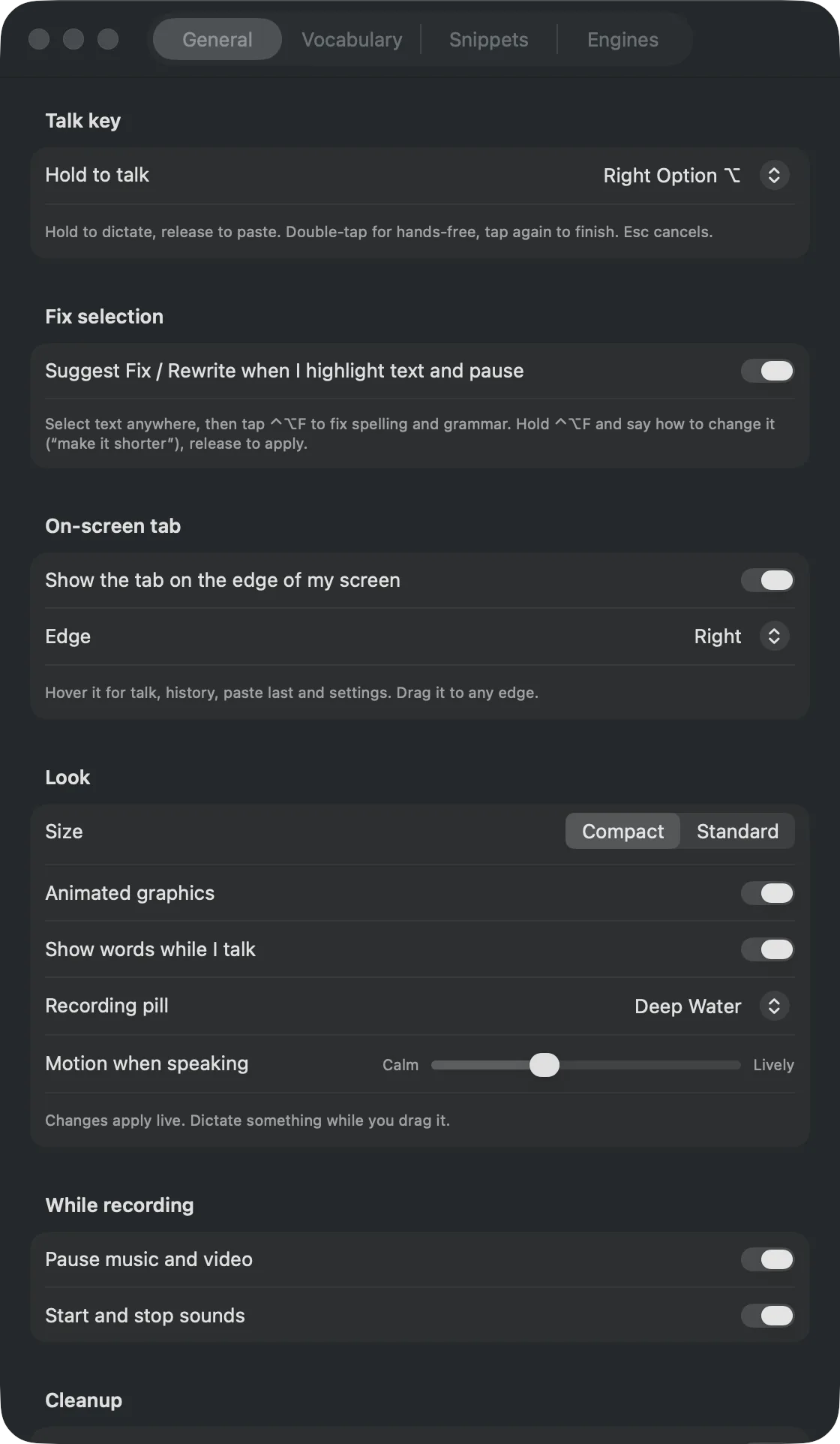 Dictation Settings, General: talk key, fix selection, on-screen tab, look and while recording